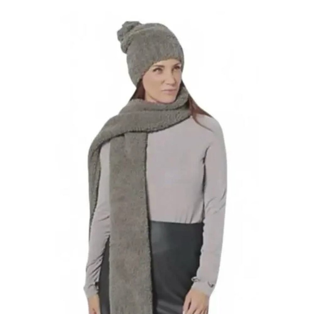 Barefoot Dreams Gray Knit Scarf and Beanie Set